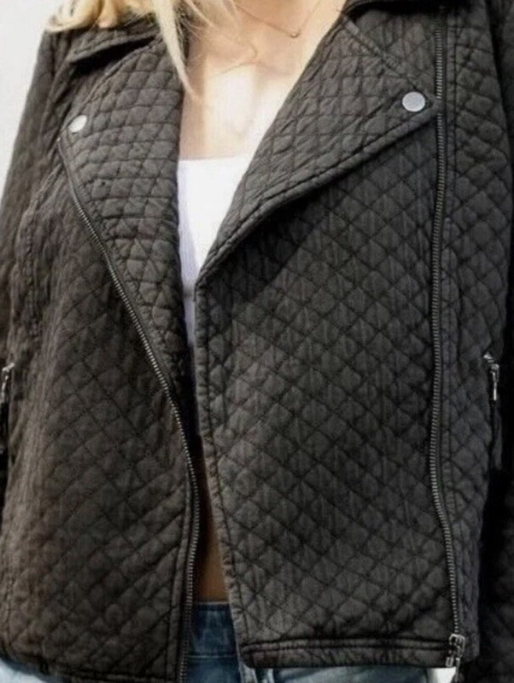 Anthropologie Marrakech Quilted Moto Jacket Charcoal Gray SzXS Zip Collar Snap